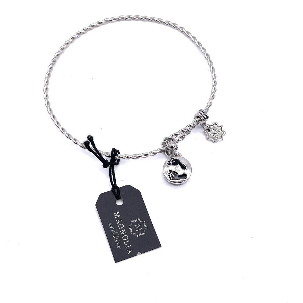 Magnolia and Vine Footprints Charm Bracelet Silver Tone Toggle Closure